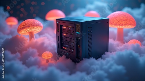 A server rack stands tall amidst fluffy clouds, bathed in the soft glow of fantastical red mushrooms in this whimsical image representing cloud computing, data storage, and digital networks photo