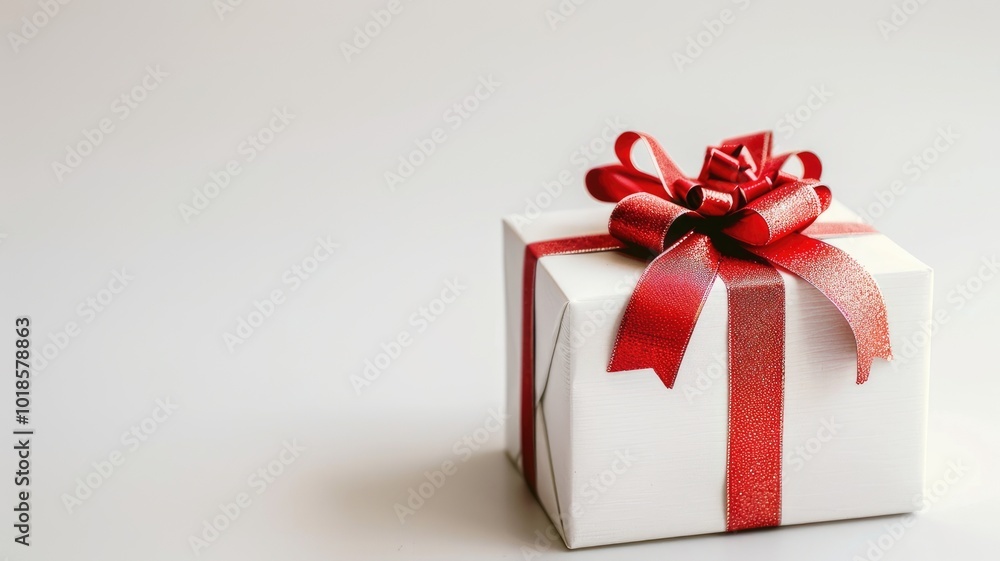 A beautifully wrapped white gift box adorned with a red ribbon and bow A beautifully wrapped white gift box adorned with a red ribbon and bow