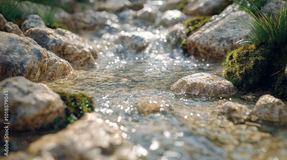 A Clear Stream Flowing Over Rocks and Green Grass A Clear Stream Flowing Over Rocks and Green Grass