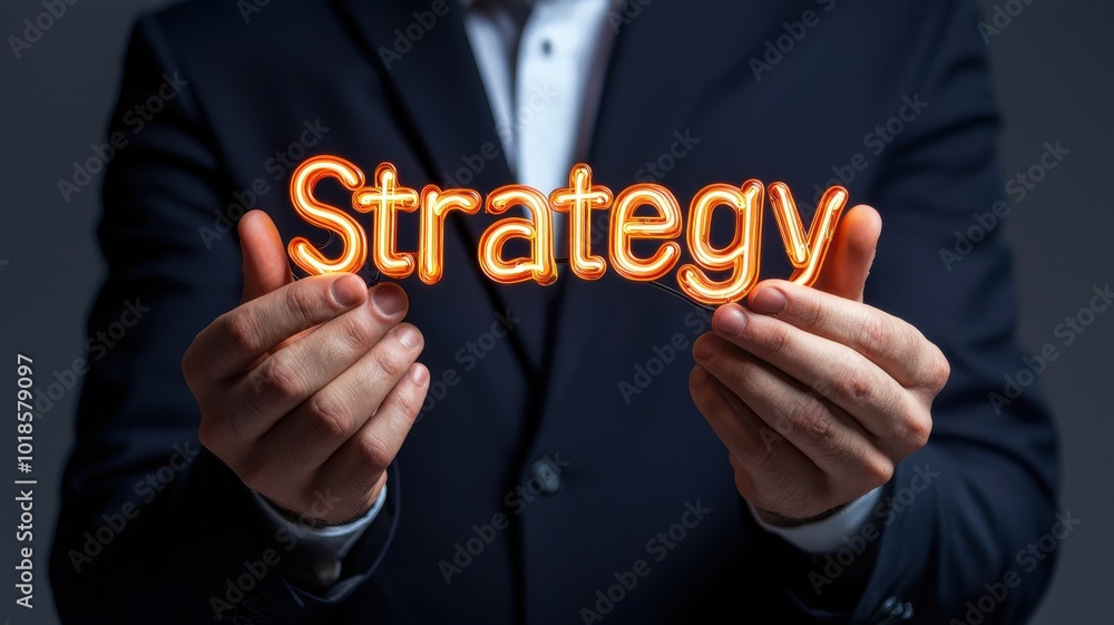 Man holding the word strategy in glowing letters, dark background. Man holding the word strategy in glowing letters, dark background.