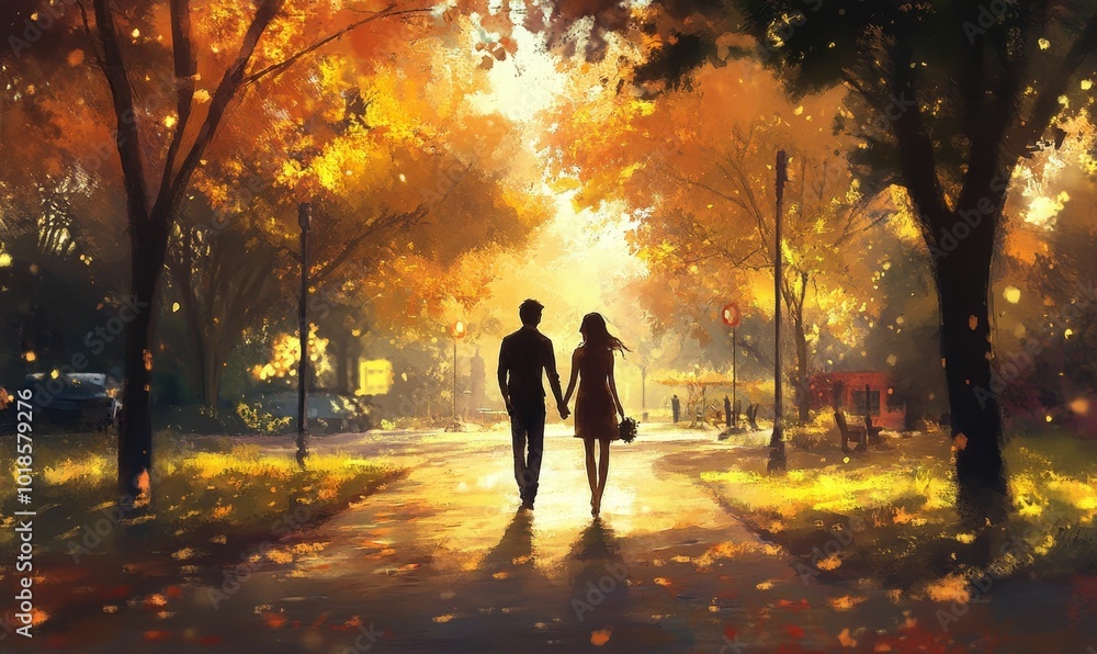 Fototapeta premium Couple walking through autumn forest path.
