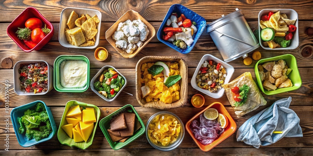 Fototapeta premium Discarded food containers and wrappers neatly placed on a wooden table, awaiting recycling or proper disposal for