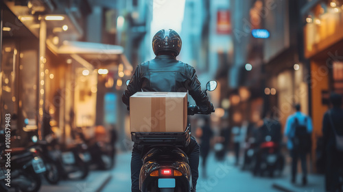 Wallpaper Mural A motorbike courier in a leather jacket rides through a busy city street, carrying a package for delivery. Torontodigital.ca