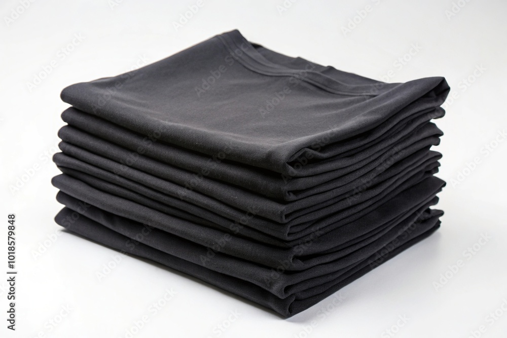 Aerial view of stacked black folded t-shirts on plain background Aerial view of stacked black folded t-shirts on plain background