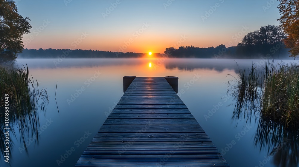 Sunrise over a calm lake with fog Sunrise over a calm lake with fog