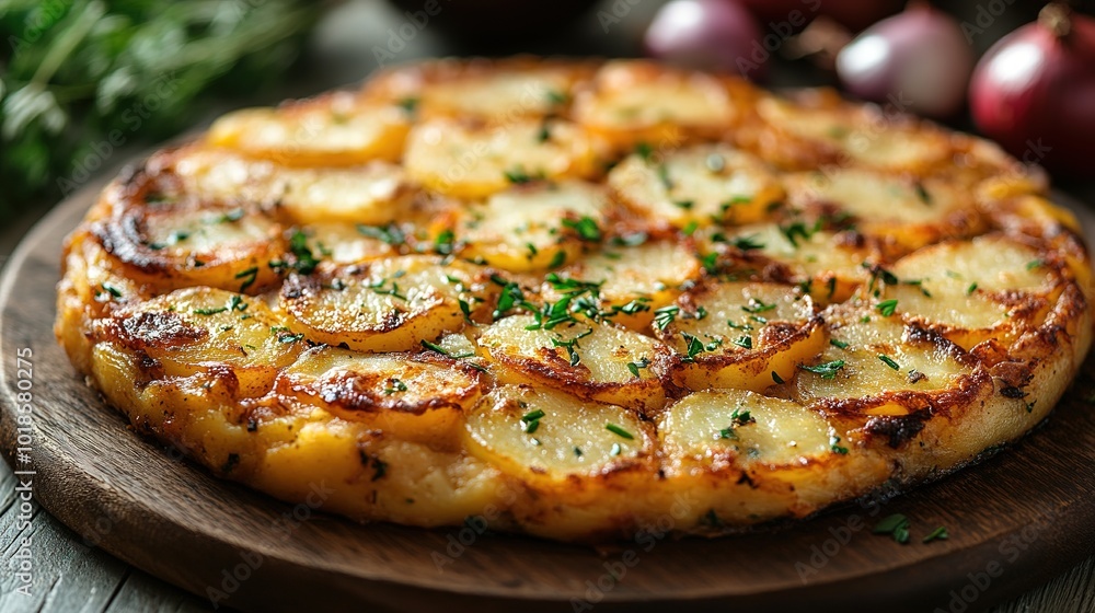 An overhead photo of a Spanish tortilla in a traditional tortilla, with parsley An overhead photo of a Spanish tortilla in a traditional tortilla, with parsley