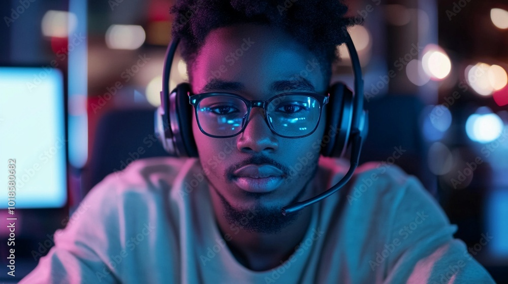 Young gamer wearing headset and glasses, illuminated by vibrant neon lights, focuses intently on screen during late-night gaming session in dimly lit room. Young gamer wearing headset and glasses, illuminated by vibrant neon lights, focuses intently on screen during late-night gaming session in dimly lit room.