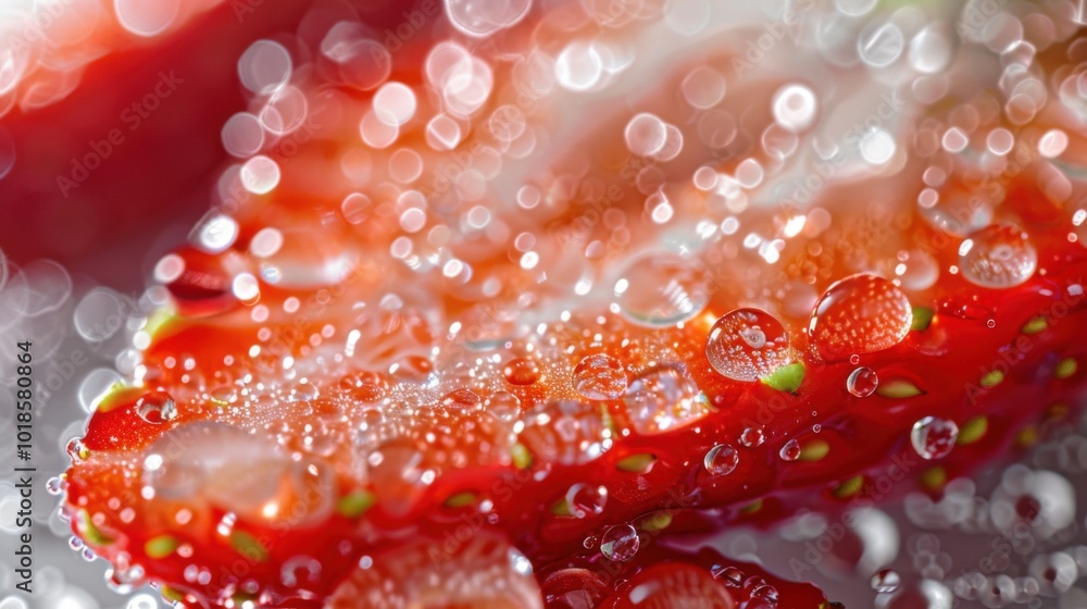 Close-up of a strawberry slice, plain white background, water drops, frosted glass blur, fresh and vibrant, macro detail. Close-up of a strawberry slice, plain white background, water drops, frosted glass blur, fresh and vibrant, macro detail.