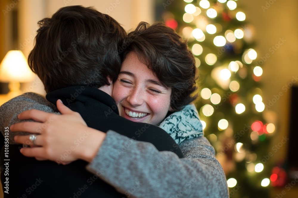 A woman's embrace of her husband returning home for Christmas A woman's embrace of her husband returning home for Christmas