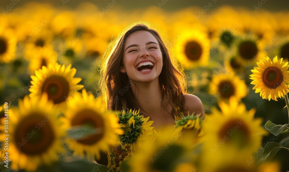 Smiling woman surrounded by sunflowers. Smiling woman surrounded by sunflowers.