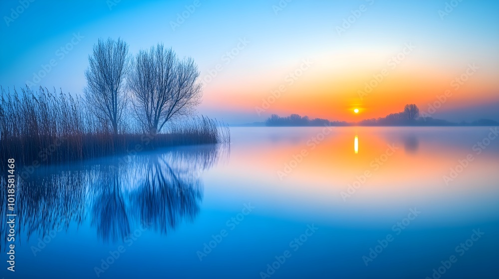 Sunrise over a calm lake with fog Sunrise over a calm lake with fog
