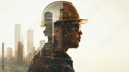 Double exposure of an engineer wearing a hard hat, with the city skyline and construction site superimposed, highlighting the relationship between workers and urban development.
