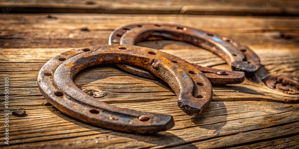 Φωτογραφία A pair of weathered horseshoes rest upon a weathered wooden surface, their rusted metal a testament to time and use