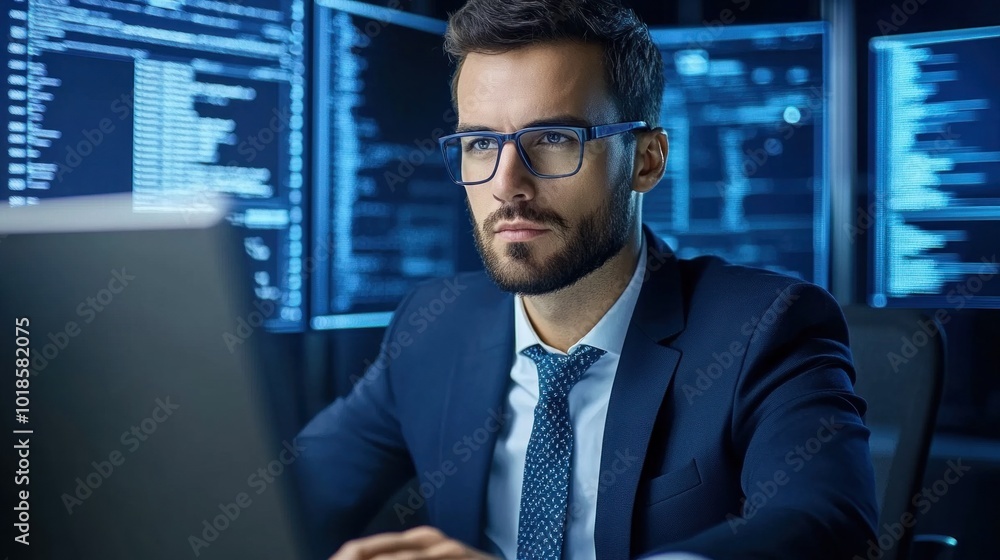 The data analyst, dressed in a formal suit, looks intently at the computer screen, deep in thought amid glowing monitors showcasing complex data and code in a high-tech workspace The data analyst, dressed in a formal suit, looks intently at the computer screen, deep in thought amid glowing monitors showcasing complex data and code in a high-tech workspace