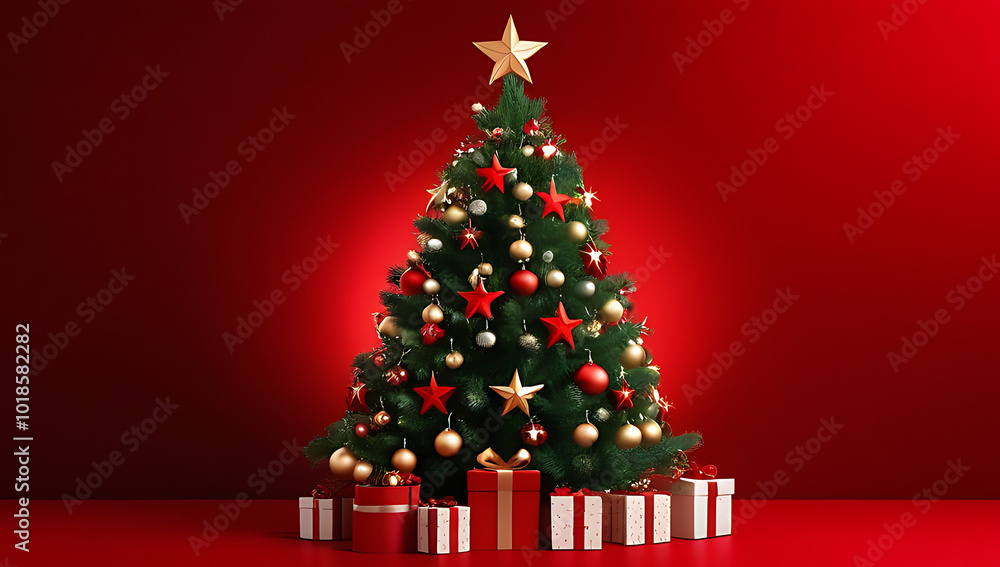christmas tree decorated stars red background ideal festive greetings christmas tree decorated stars red background ideal festive greetings