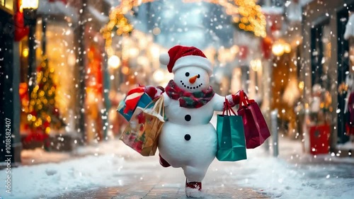 Christmas shopping. Funny snowman running holding holiday shopping bags in shopping street with sparkling lights and falling snow, Joy of Christmas shopping. Movie made using Generative AI.