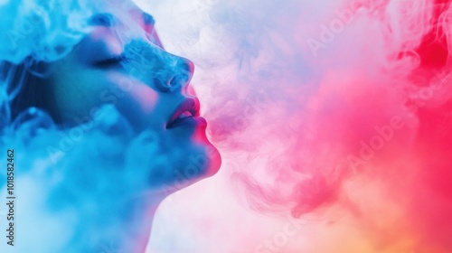 Wallpaper Mural A woman with eyes closed enjoys the vibrant experience of colorful smoke enveloping her face in a dimly lit artistic studio, evoking a serene atmosphere Torontodigital.ca
