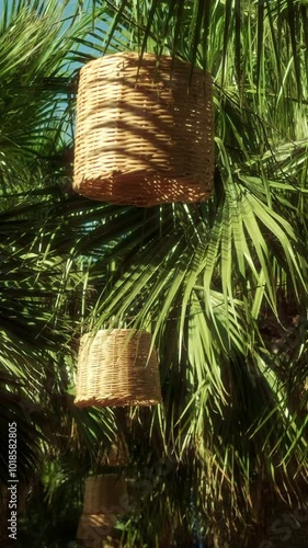 Close up of rattan lantern chandelier among palm tree leaves on a tropical beach.