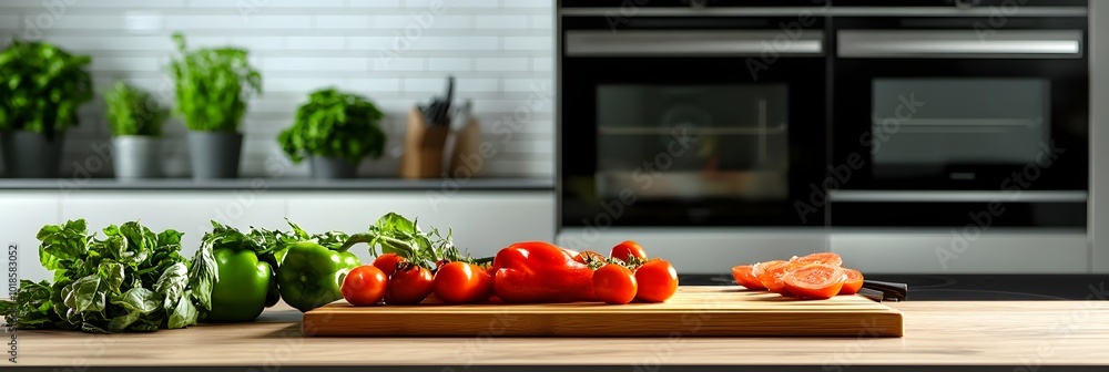 Fresh, colorful food in a stylish kitchen, banner with copy space Fresh, colorful food in a stylish kitchen, banner with copy space