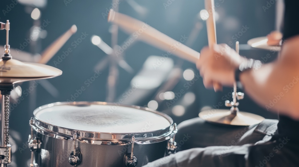 Fototapeta premium A drummer plays a snare with sticks, surrounded by a soft spotlight, creating a dynamic atmosphere in a music performance setting.