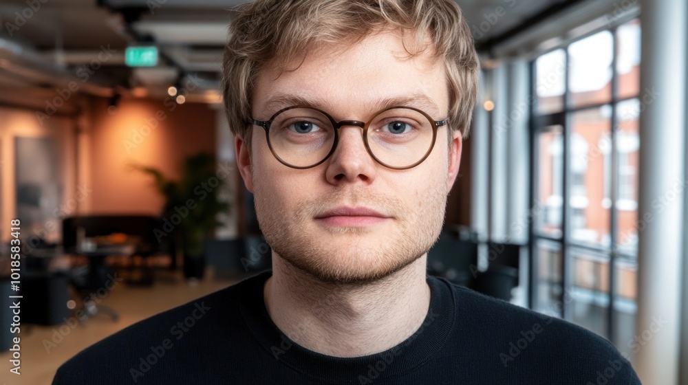 A young man wearing round glasses stands in a contemporary office filled with natural light A young man wearing round glasses stands in a contemporary office filled with natural light