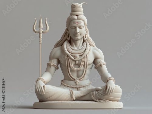 A modern 3D printed statue of Lord Shiva meditating, with smooth, clean contours and detailed accessories like his trident and crescent moon, crafted from eco-friendly materials photo