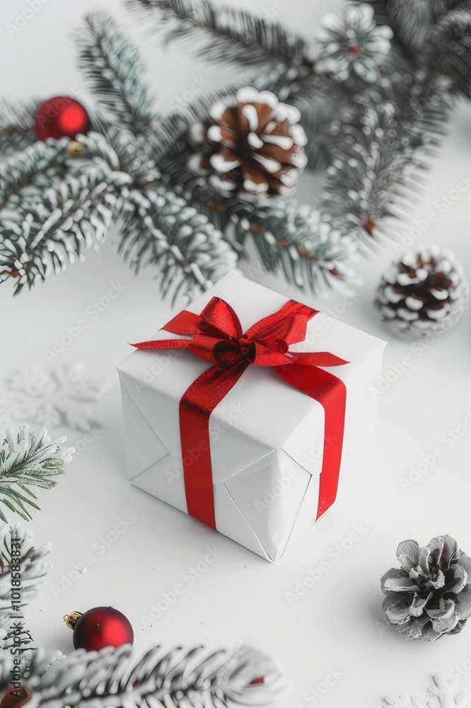 A white gift box with a red ribbon amidst Christmas decorations A white gift box with a red ribbon amidst Christmas decorations