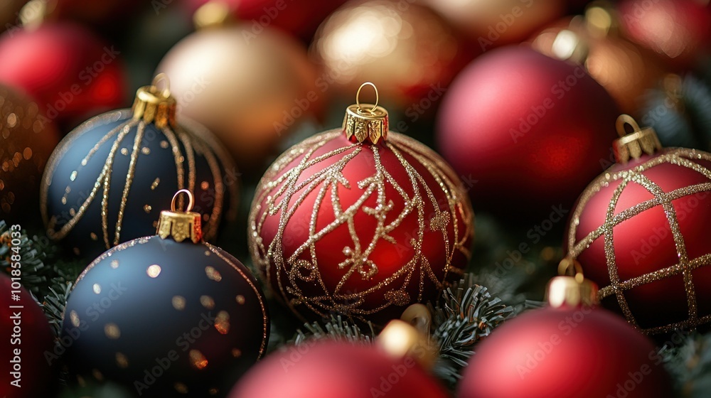 A variety of shiny Christmas ornaments in red, gold, and blue are arranged among lush evergreen branches, creating a vibrant and festive display perfect for the holiday season A variety of shiny Christmas ornaments in red, gold, and blue are arranged among lush evergreen branches, creating a vibrant and festive display perfect for the holiday season