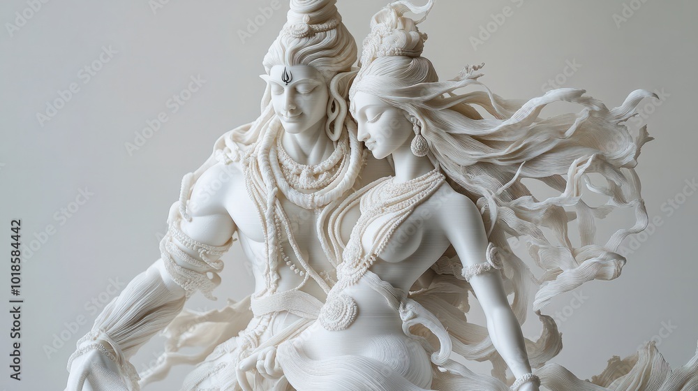A modern 3D printed sculpture of Lord Shiva and Parvati together, with abstract details and flowing lines, printed from eco-friendly materials to symbolize balance and love in a contemporary form A modern 3D printed sculpture of Lord Shiva and Parvati together, with abstract details and flowing lines, printed from eco-friendly materials to symbolize balance and love in a contemporary form