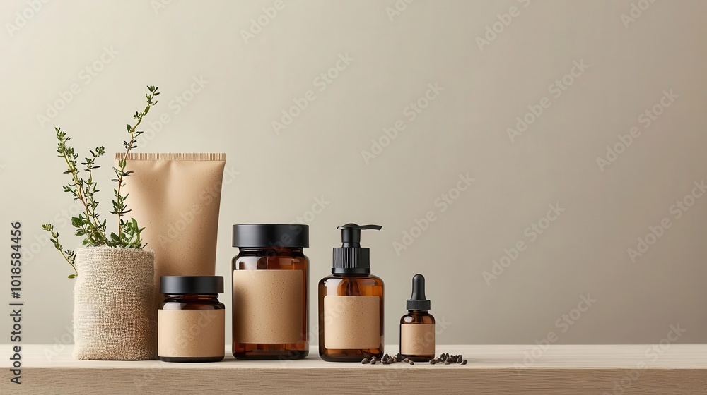 Fototapeta premium Organic skincare set in plant-based packaging, sustainable beauty, eco-conscious and renewable packaging design