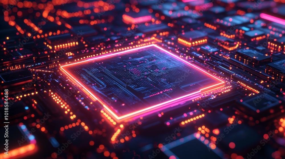 Neon-Lit Circuit Board with Glowing Pink Square Neon-Lit Circuit Board with Glowing Pink Square