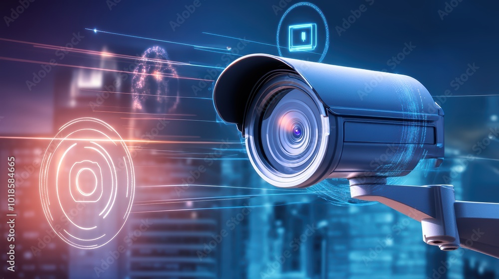 Surveillance camera with digital overlay, modern urban scene. Surveillance camera with digital overlay, modern urban scene.