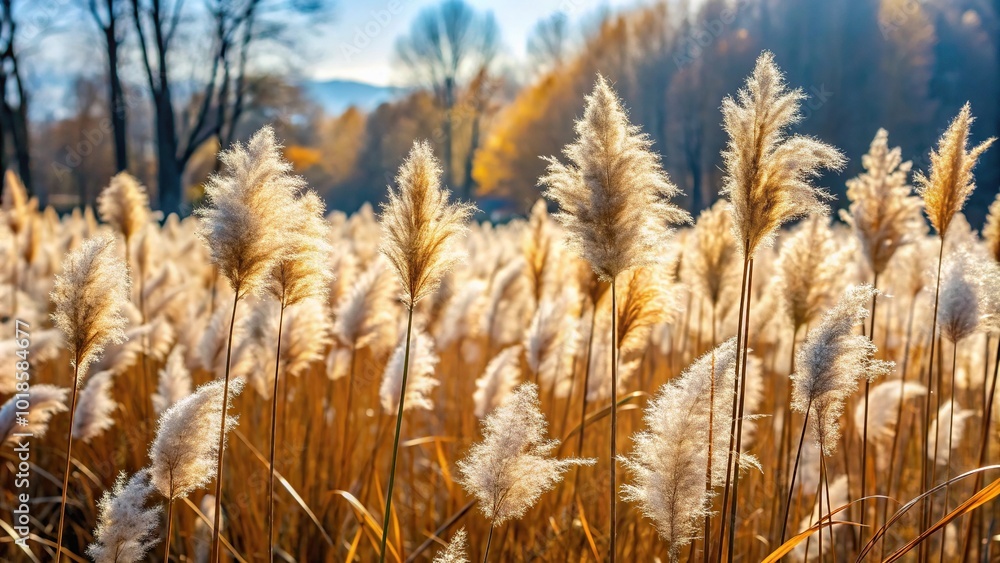 Fototapeta premium Aesthetic landscape of Pampas grass with dry leaves and fluffy blossoms