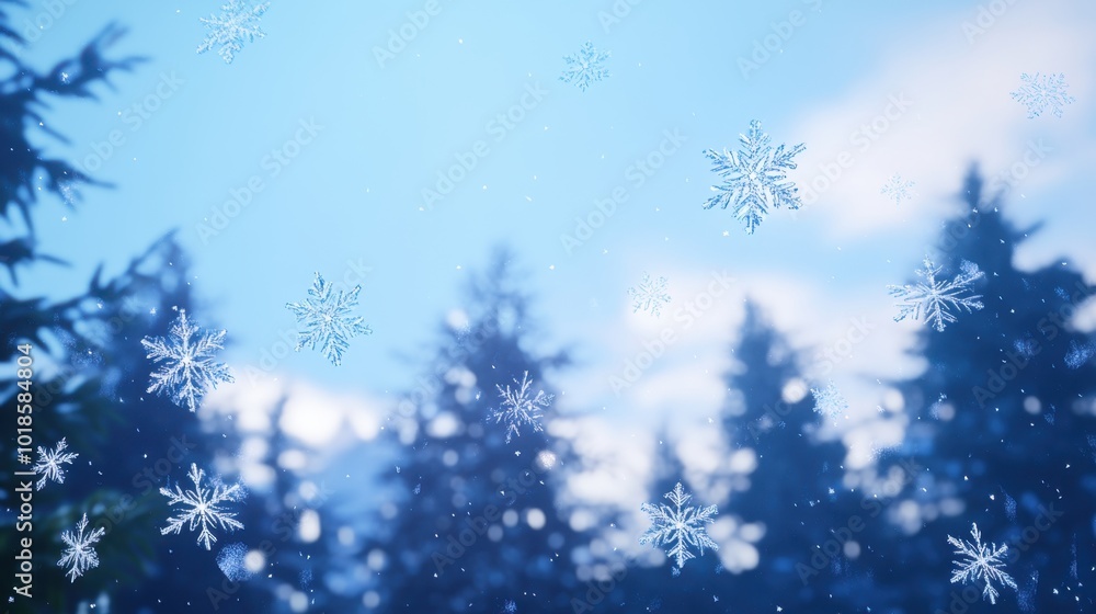 Intricate snowflakes gently drifting across a blue sky, with a natural forest background creating a festive winter scene. Intricate snowflakes gently drifting across a blue sky, with a natural forest background creating a festive winter scene.