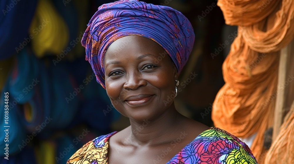 Fototapeta premium The vibrant market showcases a woman in a beautifully patterned dress, wearing a matching head wrap, exuding joy as she interacts with customers in her stall