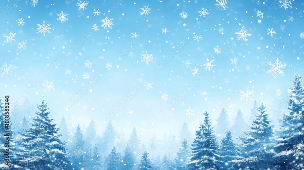 Intricate snowflakes gently drifting across a blue sky, with a natural forest background creating a festive winter scene. Intricate snowflakes gently drifting across a blue sky, with a natural forest background creating a festive winter scene.