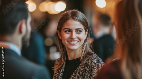 A smiling woman engages in conversation at an event, radiating warmth and connection amidst a blurred crowd in a softly lit atmosphere.