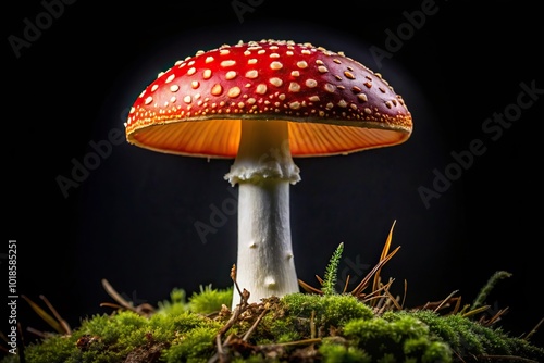 Agaric mushroom in herb isolated on black background, Worm's Eye View