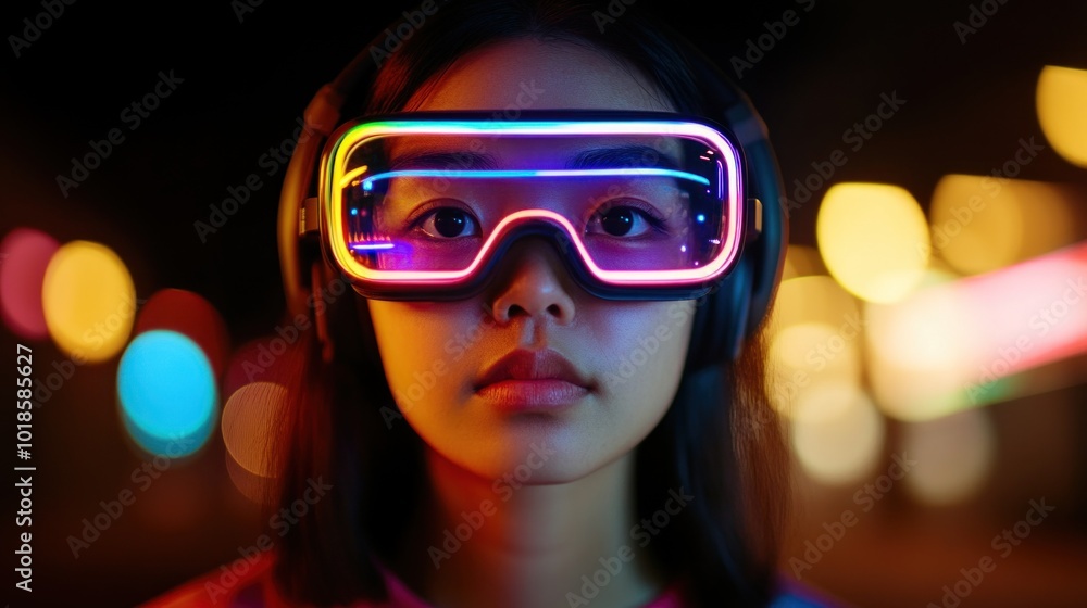 In a lively urban environment at night, a girl sports futuristic virtual reality goggles with colorful lights, reflecting the excitement of technology and gaming experiences In a lively urban environment at night, a girl sports futuristic virtual reality goggles with colorful lights, reflecting the excitement of technology and gaming experiences