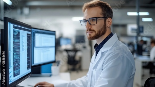 Wallpaper Mural A scientist is focused on analyzing data at multiple computer monitors in a modern laboratory. The environment is bright and equipped for advanced research and analysis Torontodigital.ca