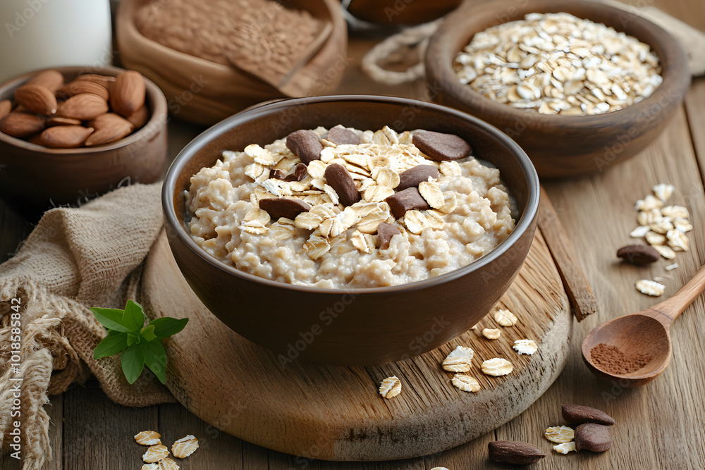 Oatmeal in bowl surrounded by cooking ingredients on wooden background. Oatmeal in bowl surrounded by cooking ingredients on wooden background.