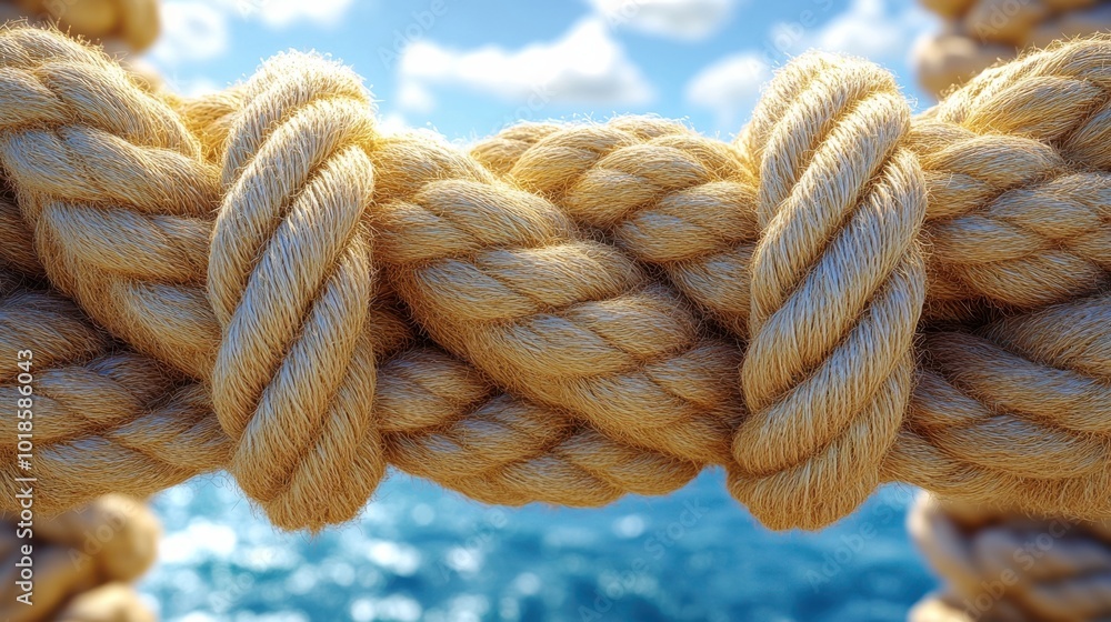 Closeup of a thick, intertwined rope with a blurred background of the ocean and sky Closeup of a thick, intertwined rope with a blurred background of the ocean and sky