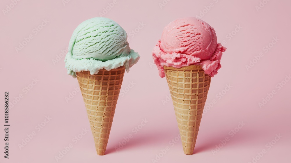 Colorful Ice Cream Cones on Pink Background Colorful Ice Cream Cones on Pink Background