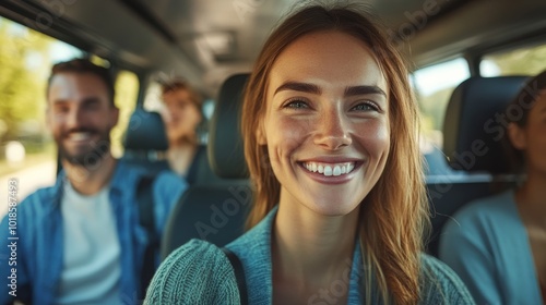 A cheerful woman smiles brightly while traveling in a van with friends, embodying joy and camaraderie. photo