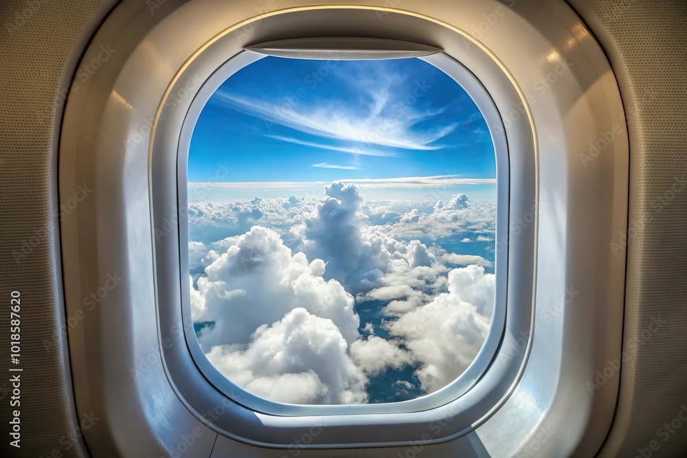 Airplane window view of clouds and blue sky Airplane window view of clouds and blue sky