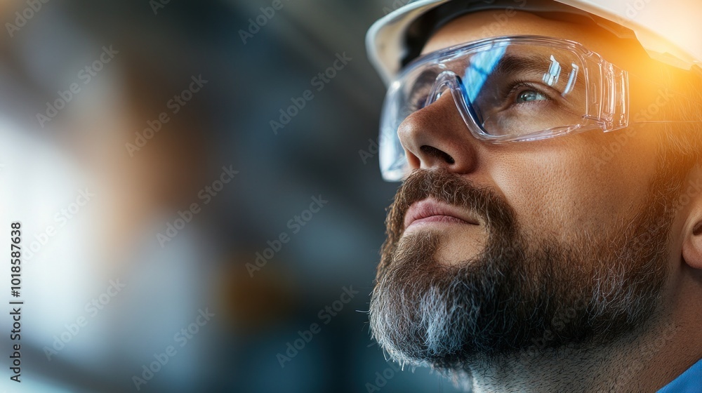 An engineer with a beard focuses intently, wearing safety goggles and a hard hat, as he observes the activity around him at a busy construction site in the daytime An engineer with a beard focuses intently, wearing safety goggles and a hard hat, as he observes the activity around him at a busy construction site in the daytime