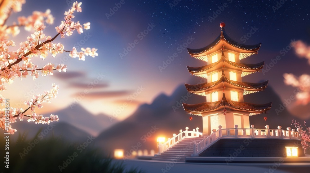 Obraz premium A beautifully lit Chinese pagoda at night, with its tiers glowing against a dark sky, set in a peaceful park.