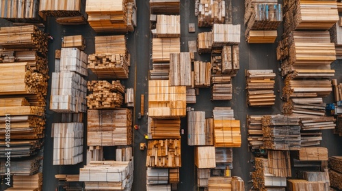 The timber yard features a vast arrangement of various types of lumber and building materials, neatly stacked for distribution and ready for construction projects photo