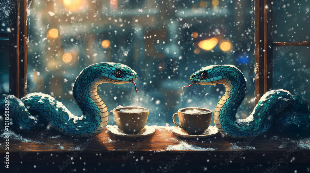 Two snakes sharing coffee by a snowy window. Surreal winter scene with fantasy elements for creative design and storytelling. Two snakes sharing coffee by a snowy window. Surreal winter scene with fantasy elements for creative design and storytelling.