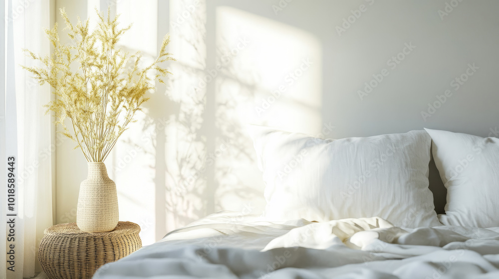 Unmade bed with white pillows and vase of dried flowers on wicker table in bright room. Minimalist bedroom decor with natural light. Design for interior, poster, wallpaper, banner. Unmade bed with white pillows and vase of dried flowers on wicker table in bright room. Minimalist bedroom decor with natural light. Design for interior, poster, wallpaper, banner.